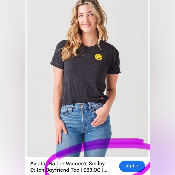 AVIATOR NATION Women's Smiley Stitch Boyfriend Tee | Color: Charcoal | EUC!!😃🌈 - Picture 5 of 16